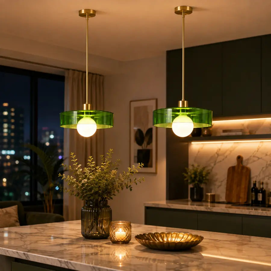 Two modern pendant lights with green glass shades and brass hardware hang over a marble kitchen island in a contemporary kitchen setting.
