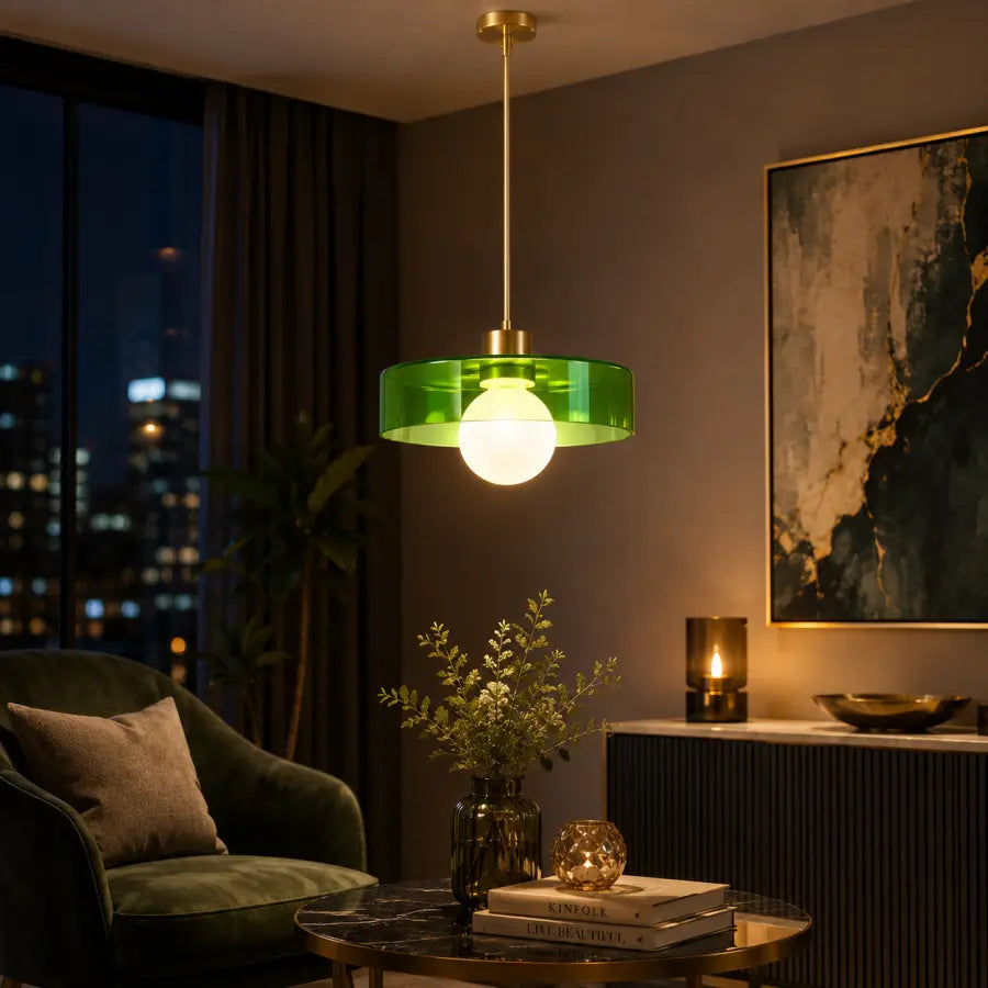 A modern pendant light with a translucent green glass shade and a gold-finished brass fixture hanging in a stylishly decorated living room with warm ambient lighting.