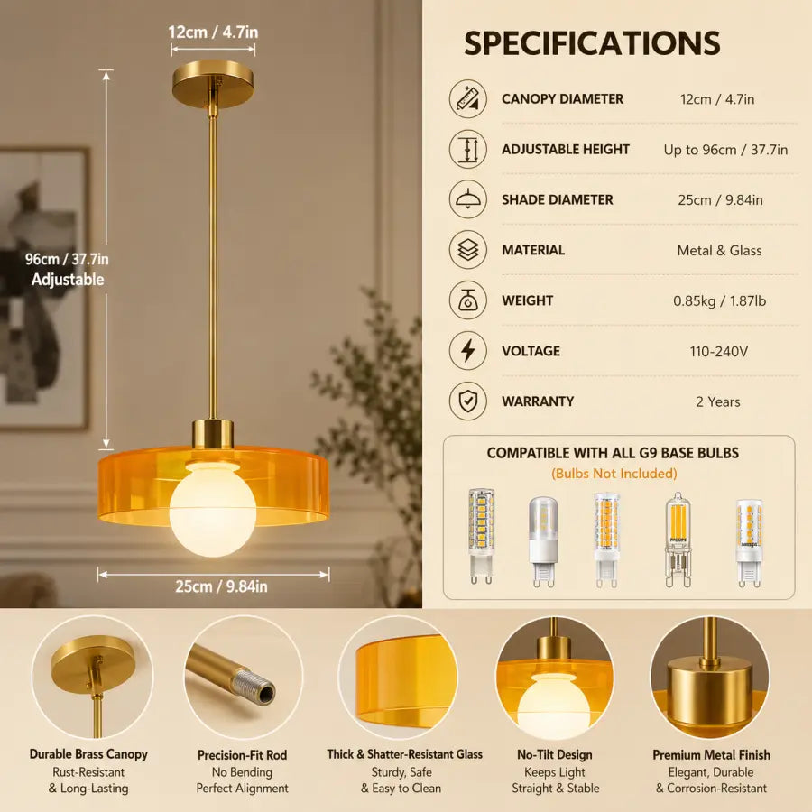 A brass and amber glass pendant light fixture shown with product dimensions, specifications, bulb compatibility, and close-up detail circles on a beige background.