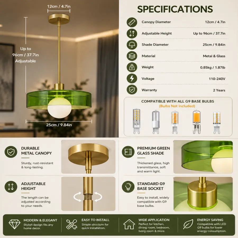 A product infographic for a modern pendant light fixture. The left side shows the lamp in a warm interior setting with dimension labels for canopy diameter, adjustable height, and shade diameter.