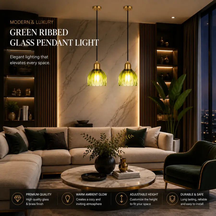 Two modern pendant lights with ribbed green glass shades and brass hardware hang over a sofa in a styled living room. Text overlays describe the lights as green ribbed glass pendant lights, and feature icons highlighting premium quality, warm ambient glow, adjustable height, and durable safety.