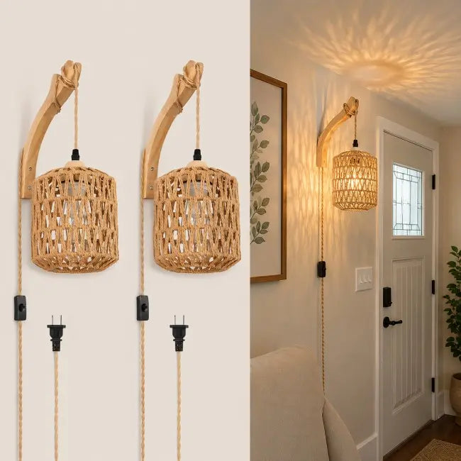 Handwoven Rattan Wall Sconce Set of 2 – Boho Farmhouse Wall Lights with Plug-In Cord for Bedroom, Living Room & Hallway