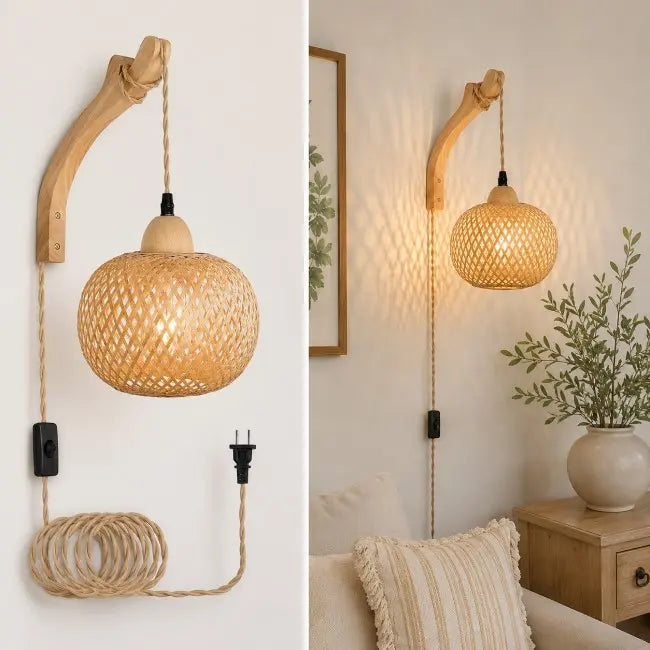 Handwoven Rattan Wall Sconce Set of 2 – Boho Farmhouse Wall Lights with Plug-In Cord for Bedroom, Living Room & Hallway