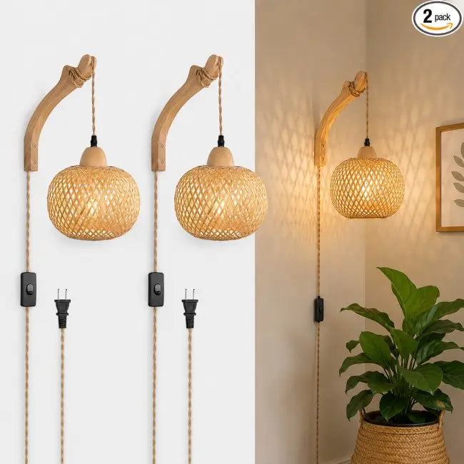 Handwoven Rattan Wall Sconce Set of 2 – Boho Farmhouse Wall Lights with Plug-In Cord for Bedroom, Living Room & Hallway