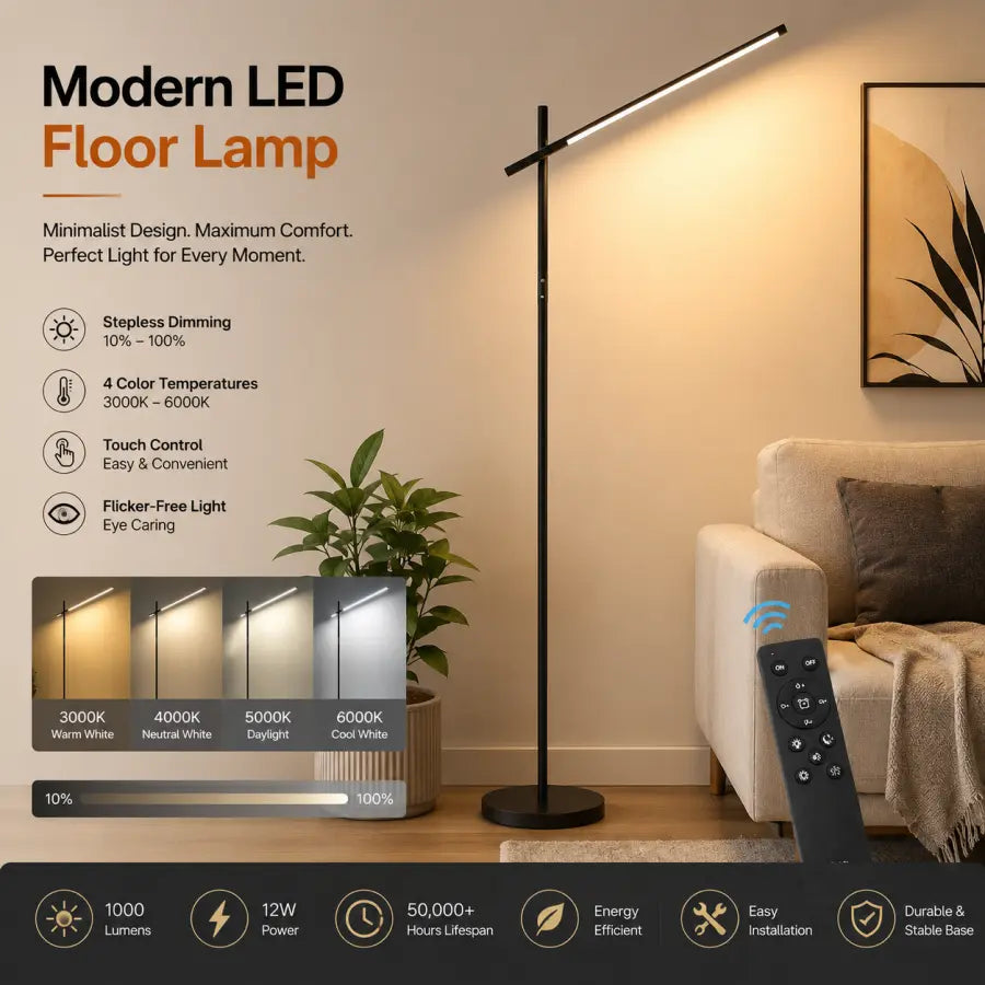 LED Corner Floor Lamp with Remote Control | 1800LM Dimmable Modern Standing Lamp, 360° Rotating Head, 3000K–6000K