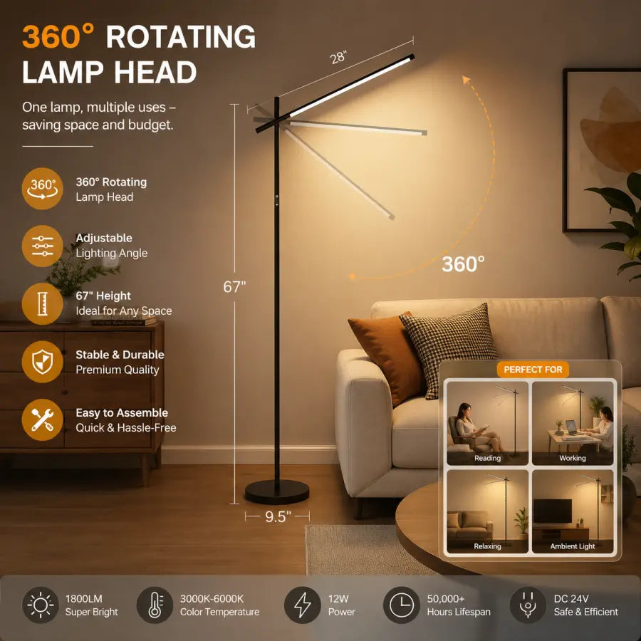 LED Corner Floor Lamp with Remote Control | 1800LM Dimmable Modern Standing Lamp, 360° Rotating Head, 3000K–6000K