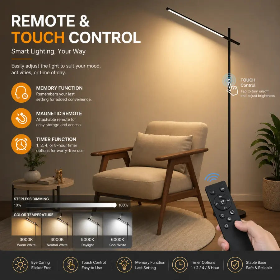 LED Corner Floor Lamp with Remote Control | 1800LM Dimmable Modern Standing Lamp, 360° Rotating Head, 3000K–6000K