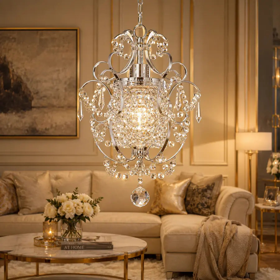 Mini Chrome Crystal Chandelier 1 Light Modern Elegant Ceiling Light Fixture Adjustable Hanging Pendant Light for Closet Bedroom Girls Room Kitchen Island
