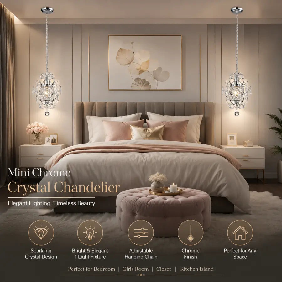 Mini Chrome Crystal Chandelier 1 Light Modern Elegant Ceiling Light Fixture Adjustable Hanging Pendant Light for Closet Bedroom Girls Room Kitchen Island