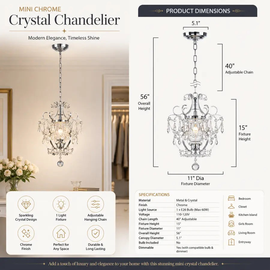 Mini Chrome Crystal Chandelier 1 Light Modern Elegant Ceiling Light Fixture Adjustable Hanging Pendant Light for Closet Bedroom Girls Room Kitchen Island
