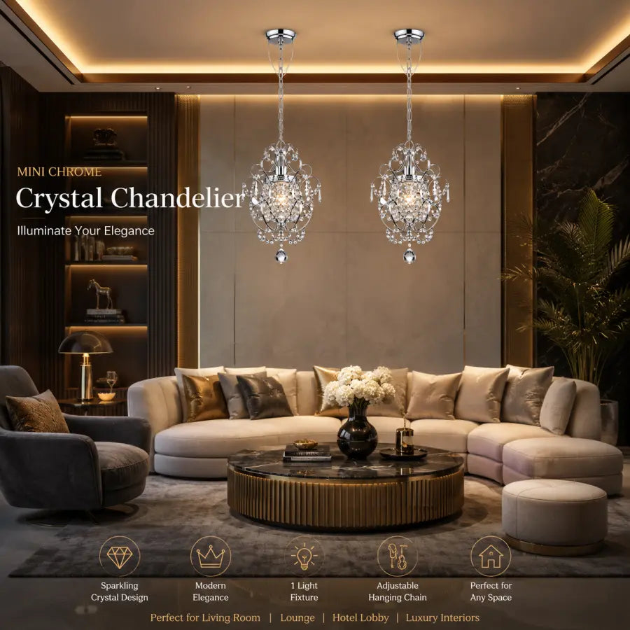 Mini Chrome Crystal Chandelier 1 Light Modern Elegant Ceiling Light Fixture Adjustable Hanging Pendant Light for Closet Bedroom Girls Room Kitchen Island