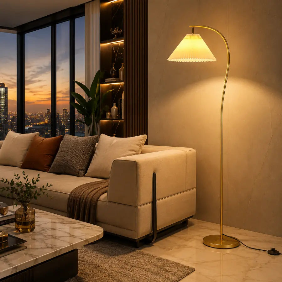 Modern Gold Arc Floor Lamp 3-Color Dimmable Pleated Standing Lamp with 12W LED Bulb for Living Room, Bedroom, Reading Nook & Office