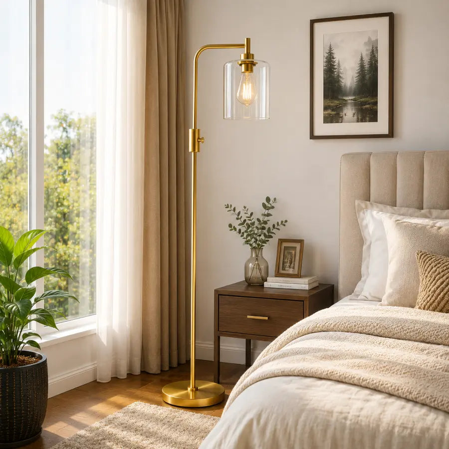 Modern Gold Arc Floor Lamp with Clear Glass Shade | Dimmable 900LM LED Standing Lamp for Living Room, Bedroom, Reading Nook, Office & Corner – LED Bulb Included