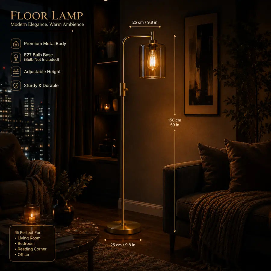 Modern Gold Arc Floor Lamp with Clear Glass Shade | Dimmable 900LM LED Standing Lamp for Living Room, Bedroom, Reading Nook, Office & Corner – LED Bulb Included