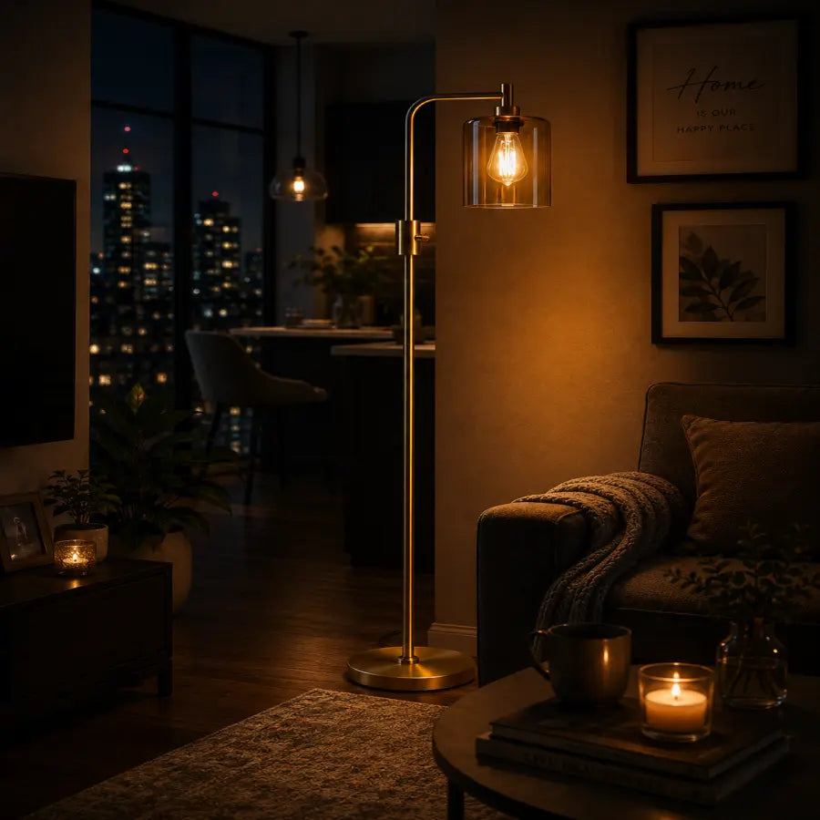 Modern Gold Arc Floor Lamp with Clear Glass Shade | Dimmable 900LM LED Standing Lamp for Living Room, Bedroom, Reading Nook, Office & Corner – LED Bulb Included