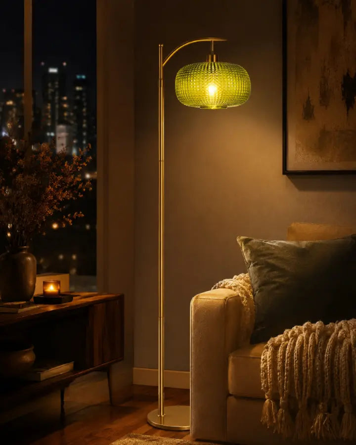 Modern Green Glass Floor Lamp with Remote | Mid-Century Gold Dimmable Standing Lamp for Living Room, Bedroom & Office | 12W LED Bulb Included