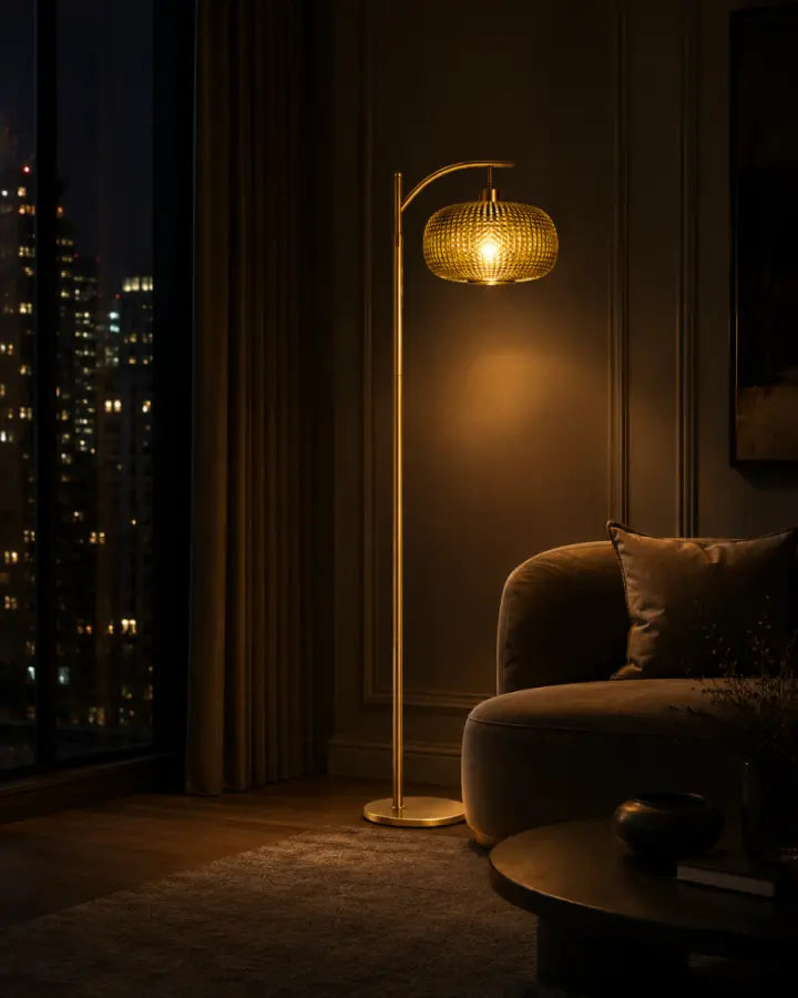 Modern Green Glass Floor Lamp with Remote | Mid-Century Gold Dimmable Standing Lamp for Living Room, Bedroom & Office | 12W LED Bulb Included