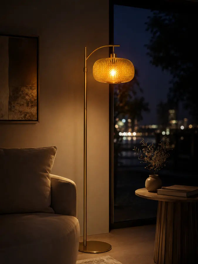 Modern Green Glass Floor Lamp with Remote | Mid-Century Gold Dimmable Standing Lamp for Living Room, Bedroom & Office | 12W LED Bulb Included