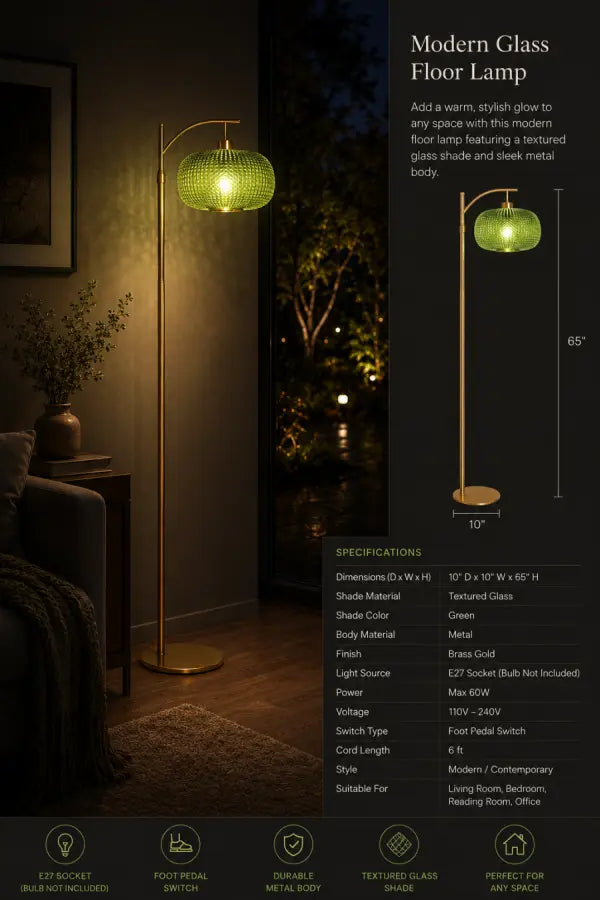 Modern Green Glass Floor Lamp with Remote | Mid-Century Gold Dimmable Standing Lamp for Living Room, Bedroom & Office | 12W LED Bulb Included