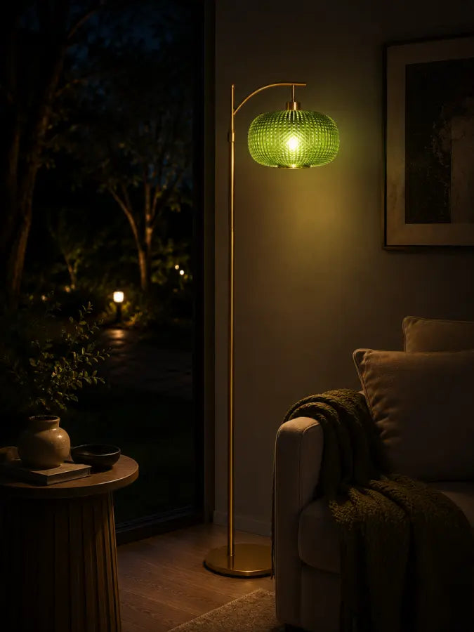 Modern Green Glass Floor Lamp with Remote | Mid-Century Gold Dimmable Standing Lamp for Living Room, Bedroom & Office | 12W LED Bulb Included