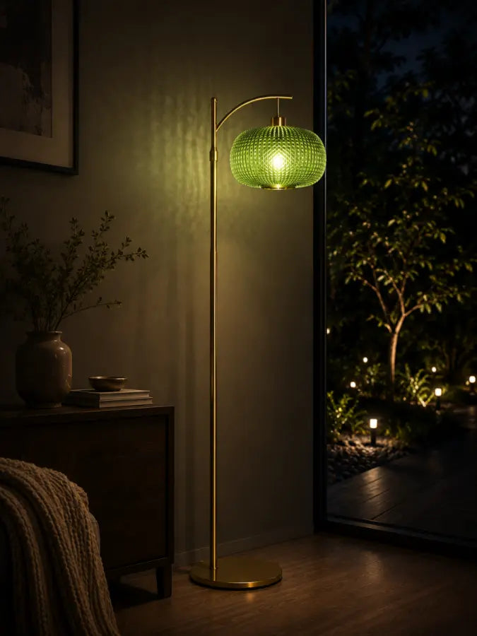 Modern Green Glass Floor Lamp with Remote | Mid-Century Gold Dimmable Standing Lamp for Living Room, Bedroom & Office | 12W LED Bulb Included