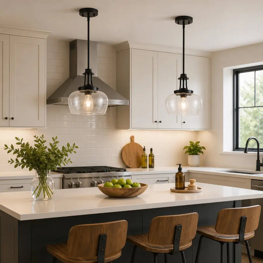 A modern kitchen interior with two black pendant lights hanging over a white island, white cabinets, a stainless steel range hood, and a window with greenery and fruit on the counter.