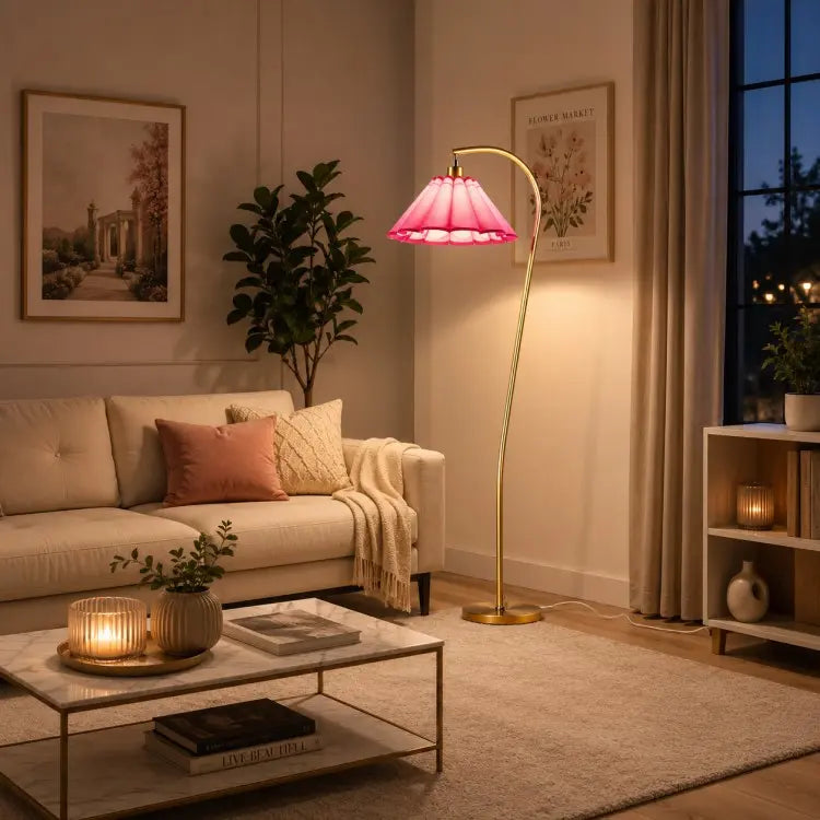 Modern arc floor lamp with pleated linen fabric shade, black standing lamp for living room, bedroom, reading corner and home office