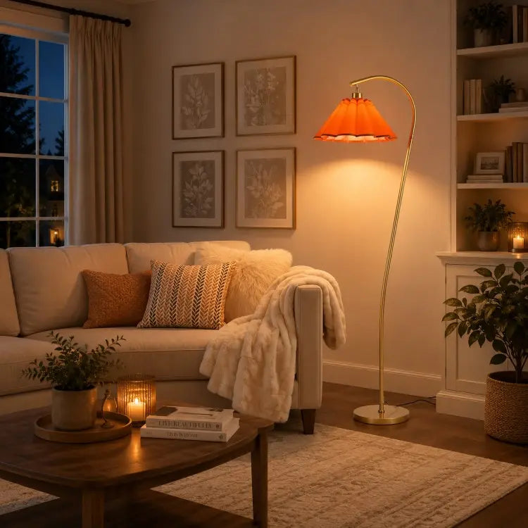 Modern arc floor lamp with pleated linen fabric shade, black standing lamp for living room, bedroom, reading corner and home office