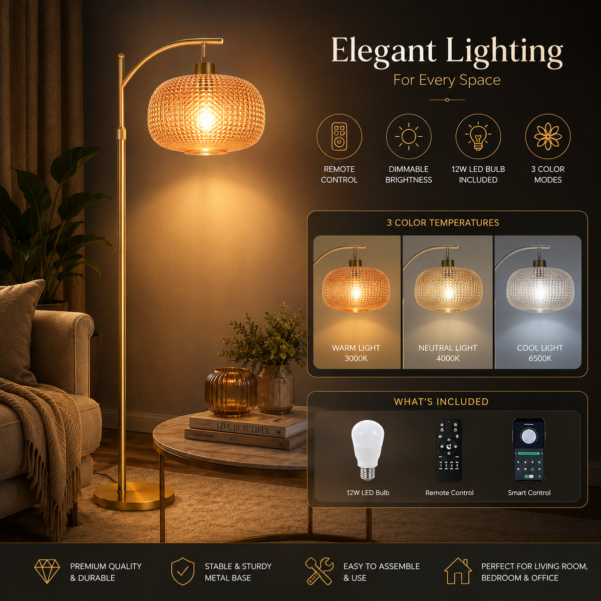 A tall floor lamp with a warm glowing woven shade and gold-toned metal stand in a styled living room setting. The image includes marketing text and feature callouts: remote control, dimmable brightness, 12W LED bulb included, 3 color modes, and what's included with the lamp.
