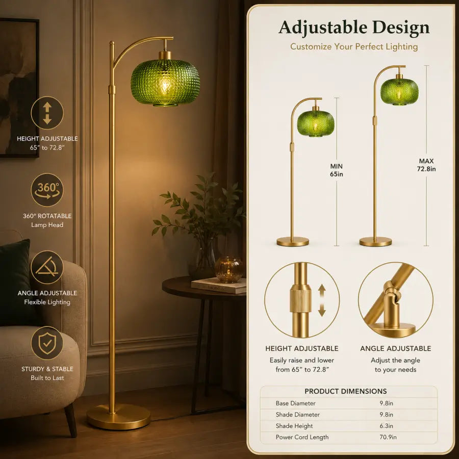 Adjustable gold floor lamp with a green textured globe shade, shown in a dimly lit room alongside an informational panel detailing height, angle, and product dimensions.