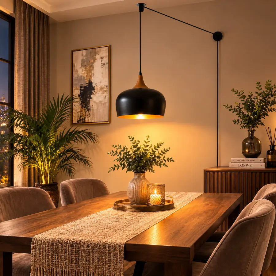 Plug-In Pendant Light Modern Hanging Light with 16.4ft Cord & OnOff Switch, Black & Wood Grain Finish