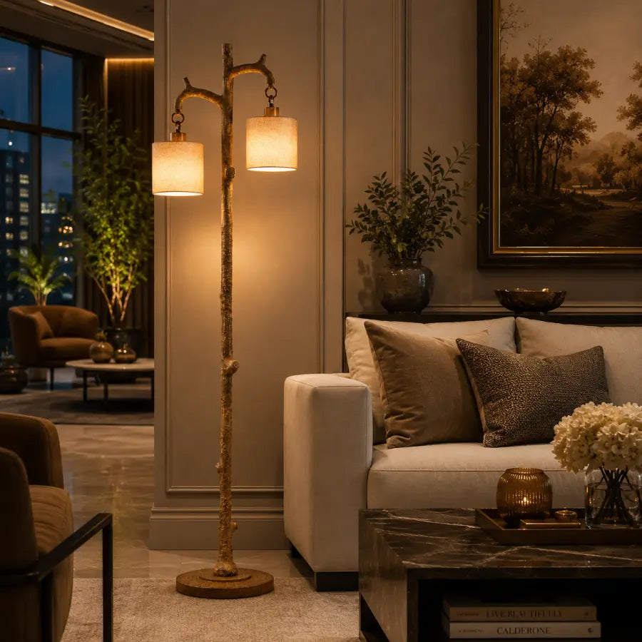 Rustic Farmhouse Floor Lamp with 2 Linen Shades 69 Tree Trunk Standing Lamp for Living Room, Bedroom, Reading Nook & Office