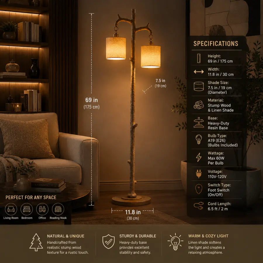 Rustic Farmhouse Floor Lamp with 2 Linen Shades 69 Tree Trunk Standing Lamp for Living Room, Bedroom, Reading Nook & Office