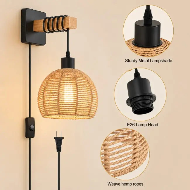 Rustic Rattan Wall Sconces Set of 2 – Plug-In Farmhouse Wall Lights with Metal Frame for Bedroom, Living Room & Hallway