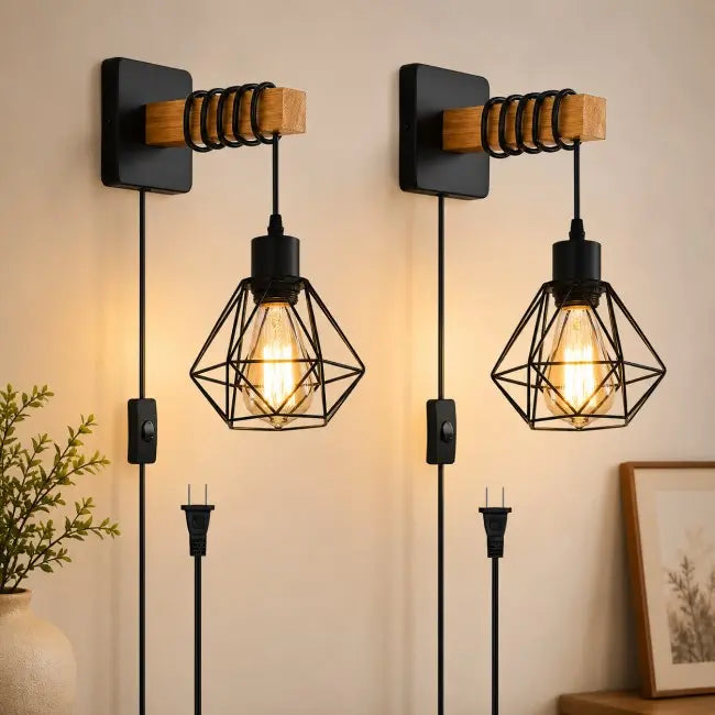 Rustic Rattan Wall Sconces Set of 2 – Plug-In Farmhouse Wall Lights with Metal Frame for Bedroom, Living Room & Hallway
