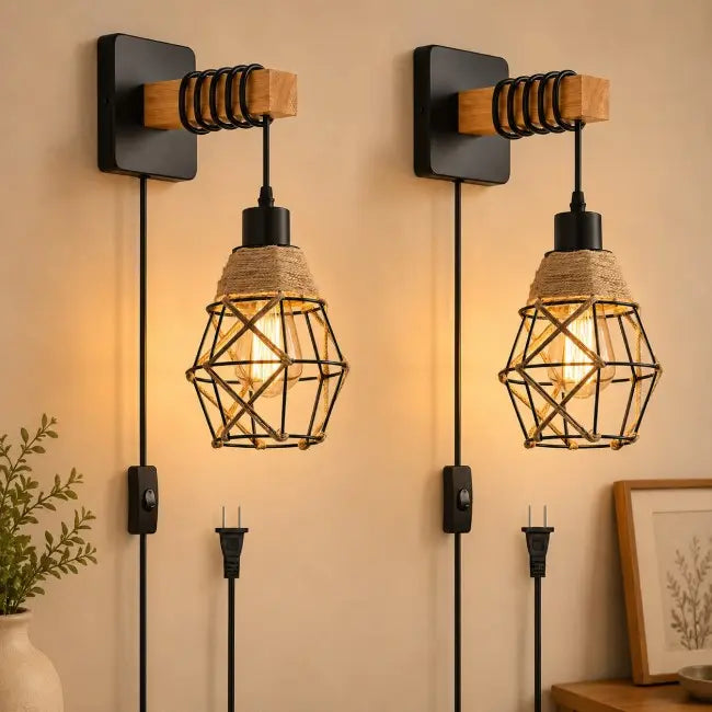 Rustic Rattan Wall Sconces Set of 2 – Plug-In Farmhouse Wall Lights with Metal Frame for Bedroom, Living Room & Hallway