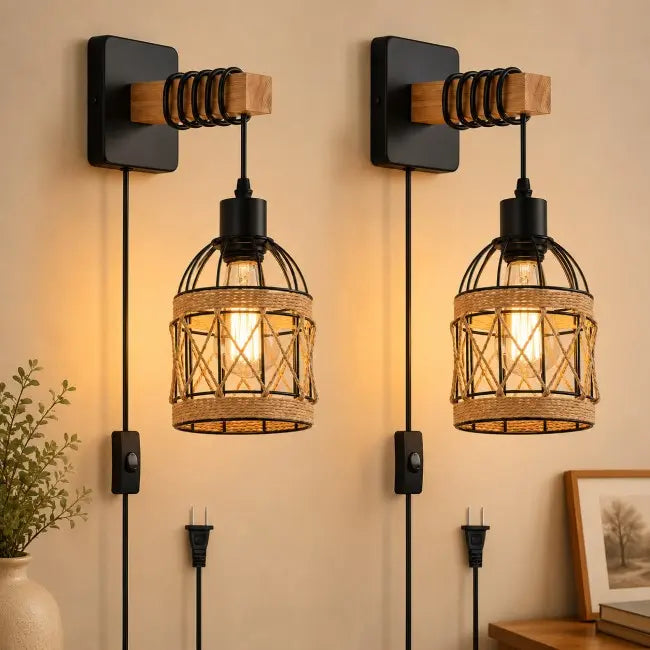 Rustic Rattan Wall Sconces Set of 2 – Plug-In Farmhouse Wall Lights with Metal Frame for Bedroom, Living Room & Hallway