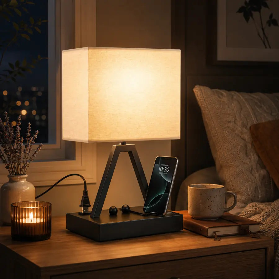 Touch Control Table Lamp with USB-C, USB-A & AC Outlet 3-Way Dimmable Bedside Desk Lamp with Phone Stand, Black, LED Bulb Included
