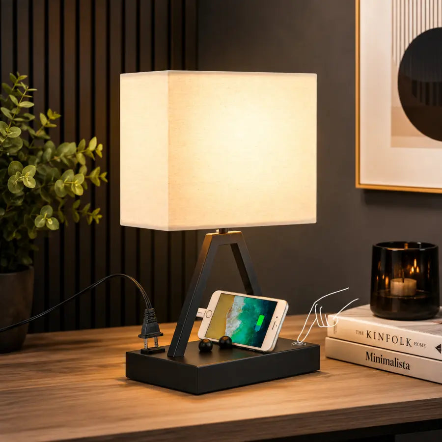 Touch Control Table Lamp with USB-C, USB-A & AC Outlet 3-Way Dimmable Bedside Desk Lamp with Phone Stand, Black, LED Bulb Included