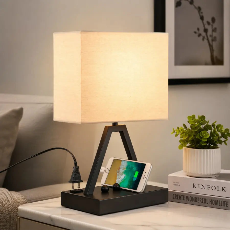 Touch Control Table Lamp with USB-C, USB-A & AC Outlet 3-Way Dimmable Bedside Desk Lamp with Phone Stand, Black, LED Bulb Included