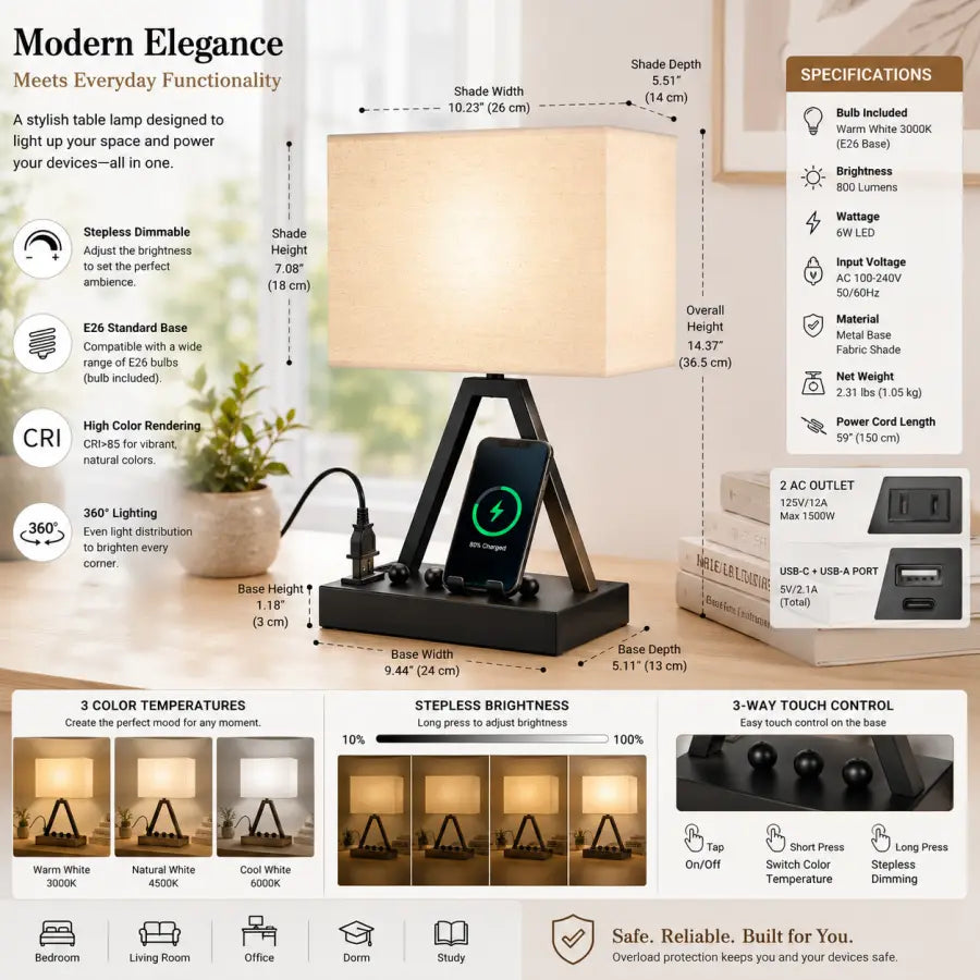 Touch Control Table Lamp with USB-C, USB-A & AC Outlet 3-Way Dimmable Bedside Desk Lamp with Phone Stand, Black, LED Bulb Included