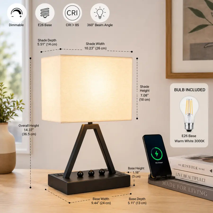 Touch Control Table Lamp with USB-C, USB-A & AC Outlet 3-Way Dimmable Bedside Desk Lamp with Phone Stand, Black, LED Bulb Included