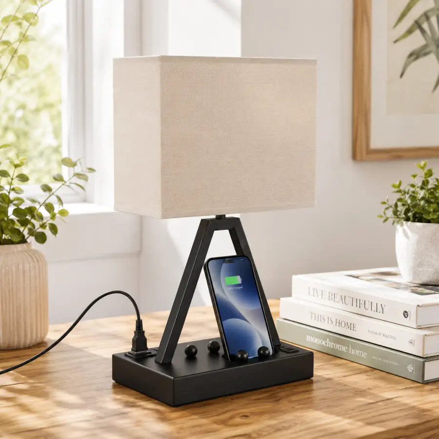 Touch Control Table Lamp with USB-C, USB-A & AC Outlet 3-Way Dimmable Bedside Desk Lamp with Phone Stand, Black, LED Bulb Included