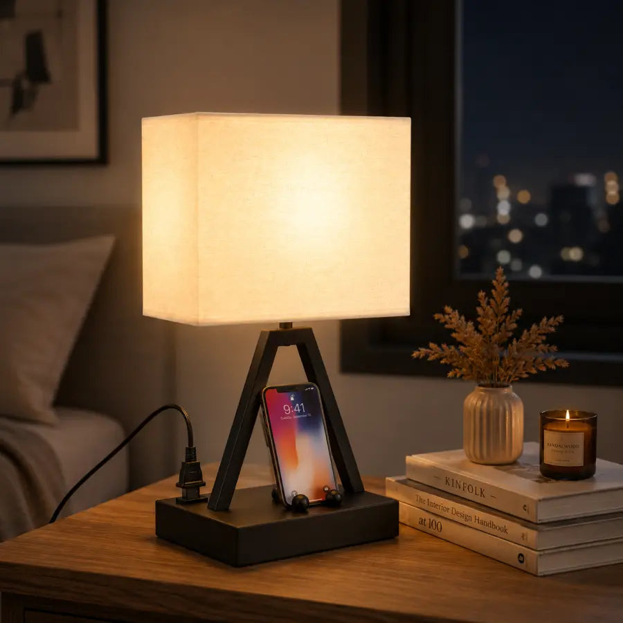 Touch Control Table Lamp with USB-C, USB-A & AC Outlet 3-Way Dimmable Bedside Desk Lamp with Phone Stand, Black, LED Bulb Included