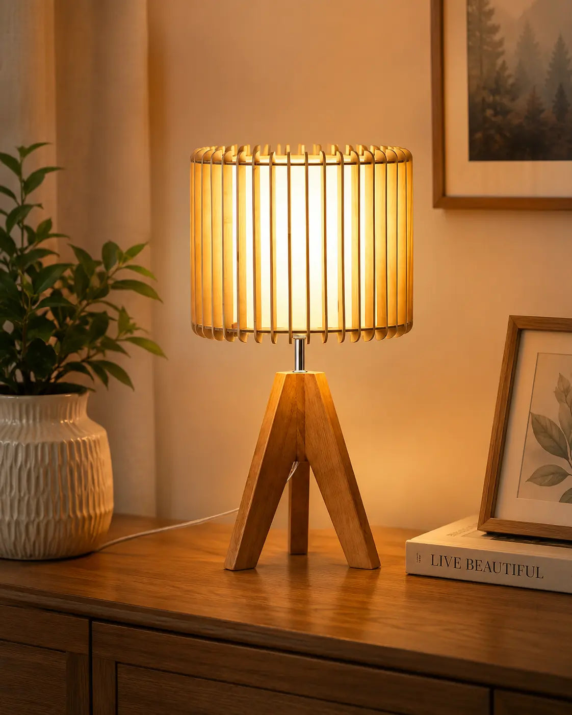 Modern wooden tripod table lamp with shade on a bedside table, perfect for bedroom, living room and cozy home lighting