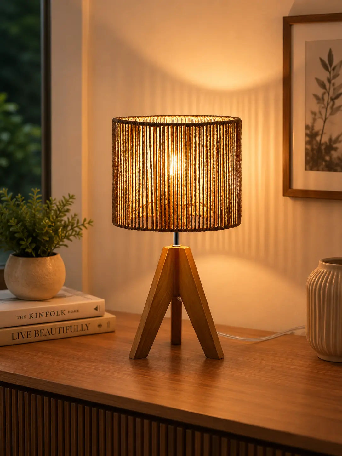 Modern wooden tripod table lamp with linen fabric shade on a bedside table, perfect for bedroom, living room and cozy home lighting