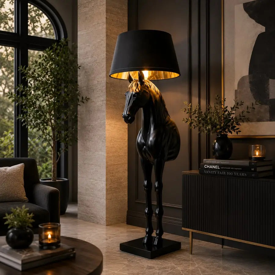Modern Horse Sculpture Floor Lamp with Black Drum Shade