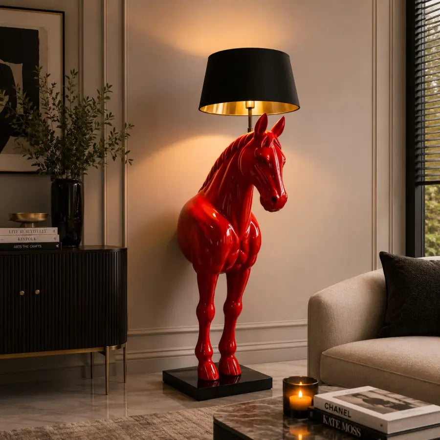 Modern Horse Sculpture Floor Lamp with Black Drum Shade
