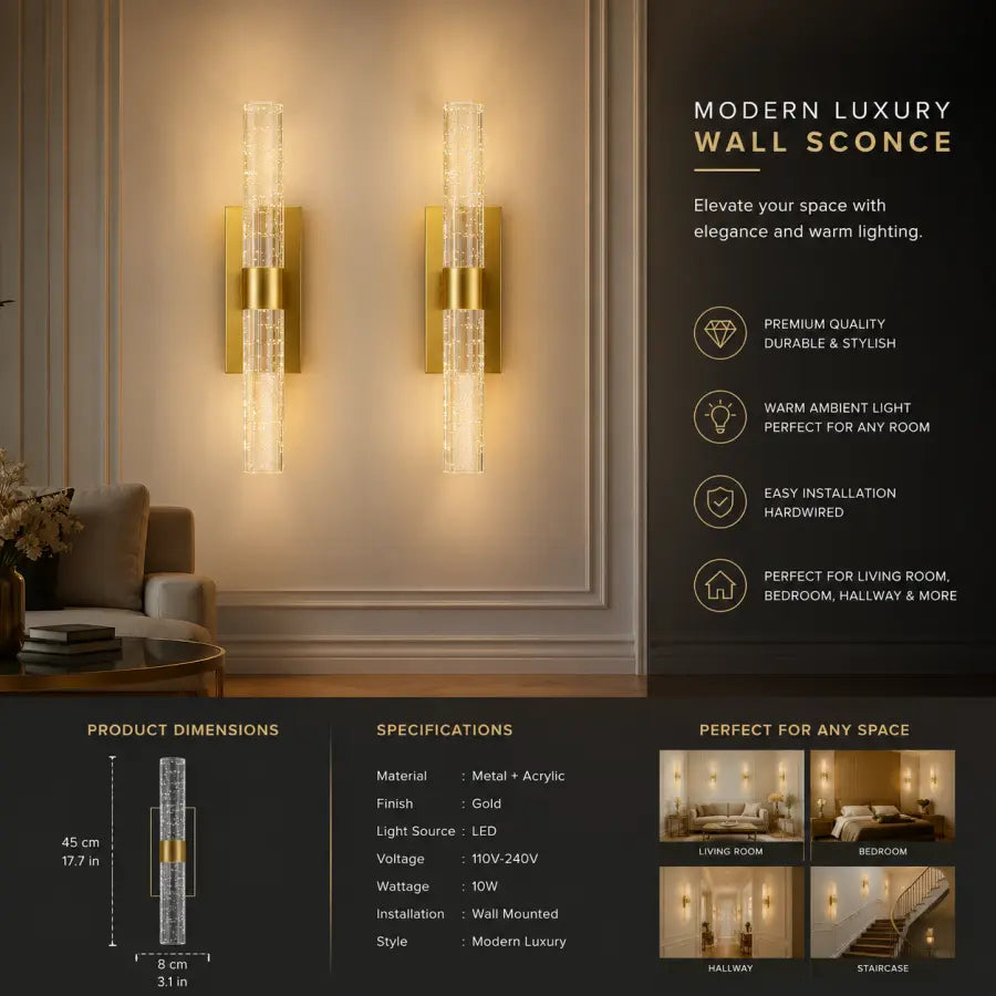 A promotional graphic for a modern luxury wall sconce showing two gold wall-mounted lights with clear textured cylindrical shades, installed on a beige wall in a styled interior. The right side includes marketing text and icons, and the bottom includes product dimensions, specifications, and space examples.