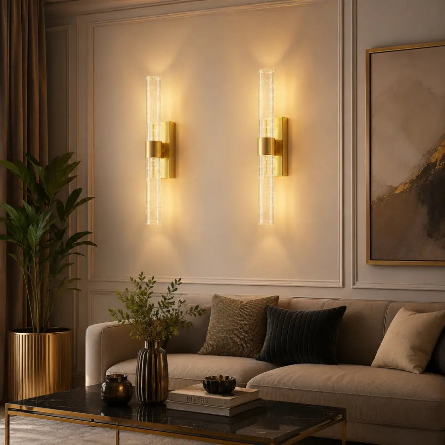 Gold Wall Sconces Set of 2 | Modern LED Bathroom Vanity Lights with Ripple Glass Shades, 5CCT Dimmable 14W Wall Lighting for Mirror, Bedroom, Hallway & Entryway